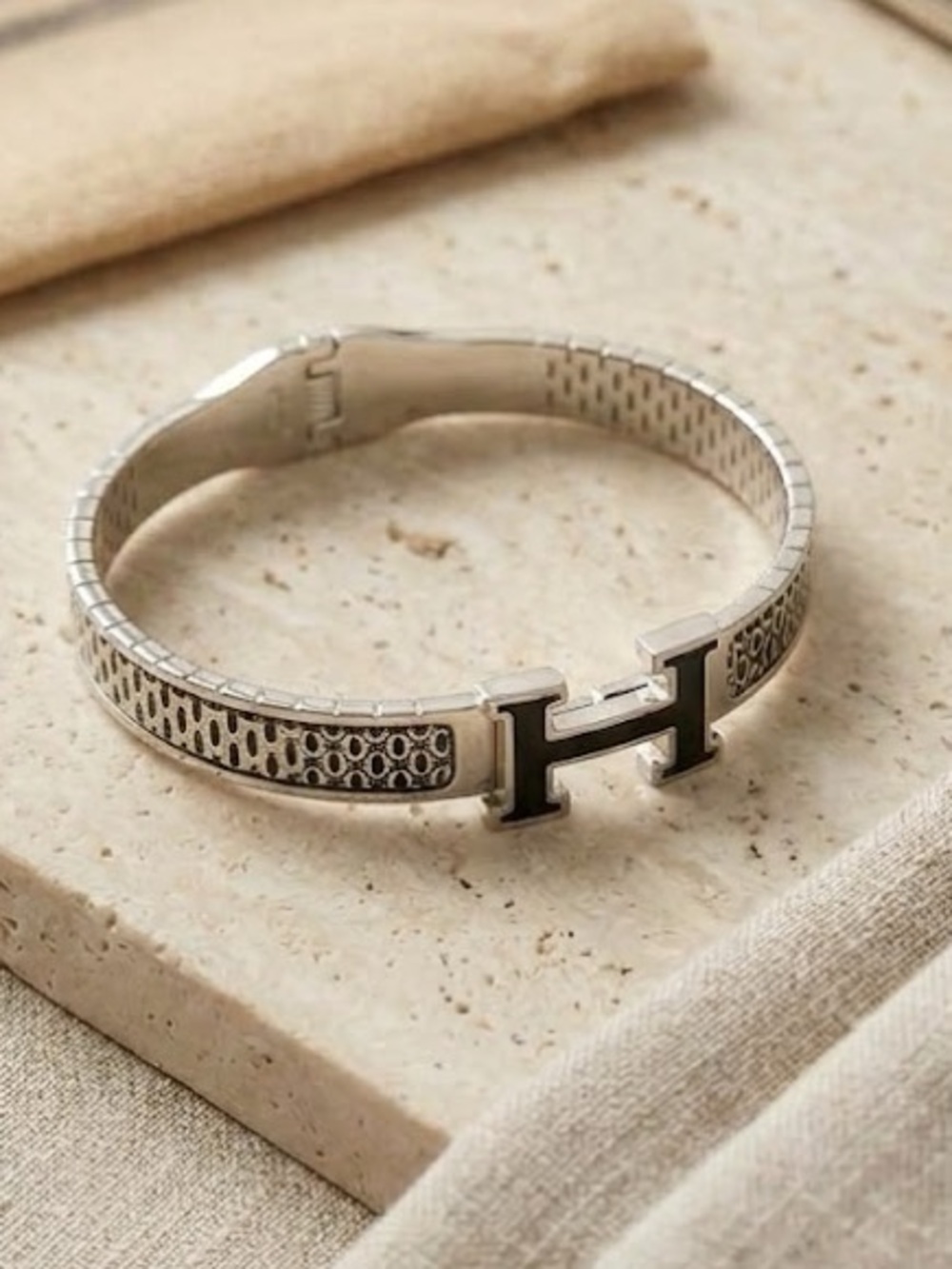 Silver Stainless Steel H Motif Hinged Bangle Bracelet | 7.5" | Non-Tarnish